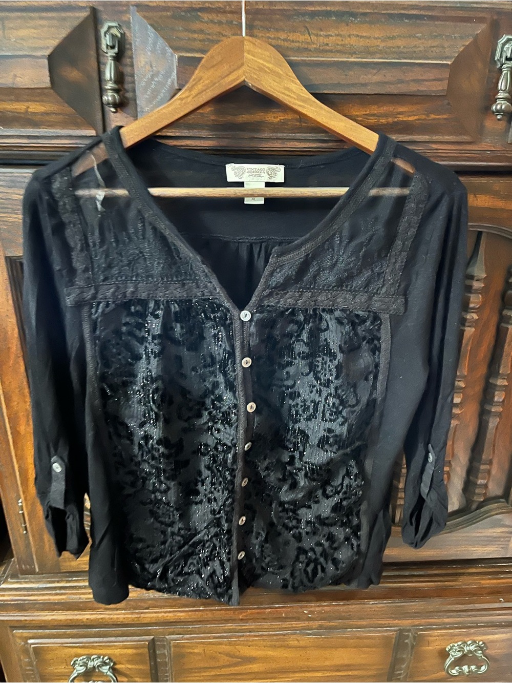 Vintage America Black Velvet Burnout Button-Down Blouse